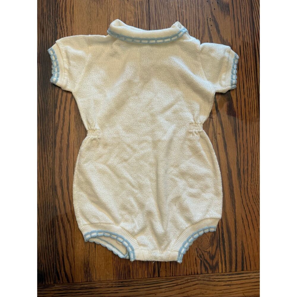 Vintage Scottie White Blue Trim Soft Knit‎ Short Sleeve Romper Size 18 Months